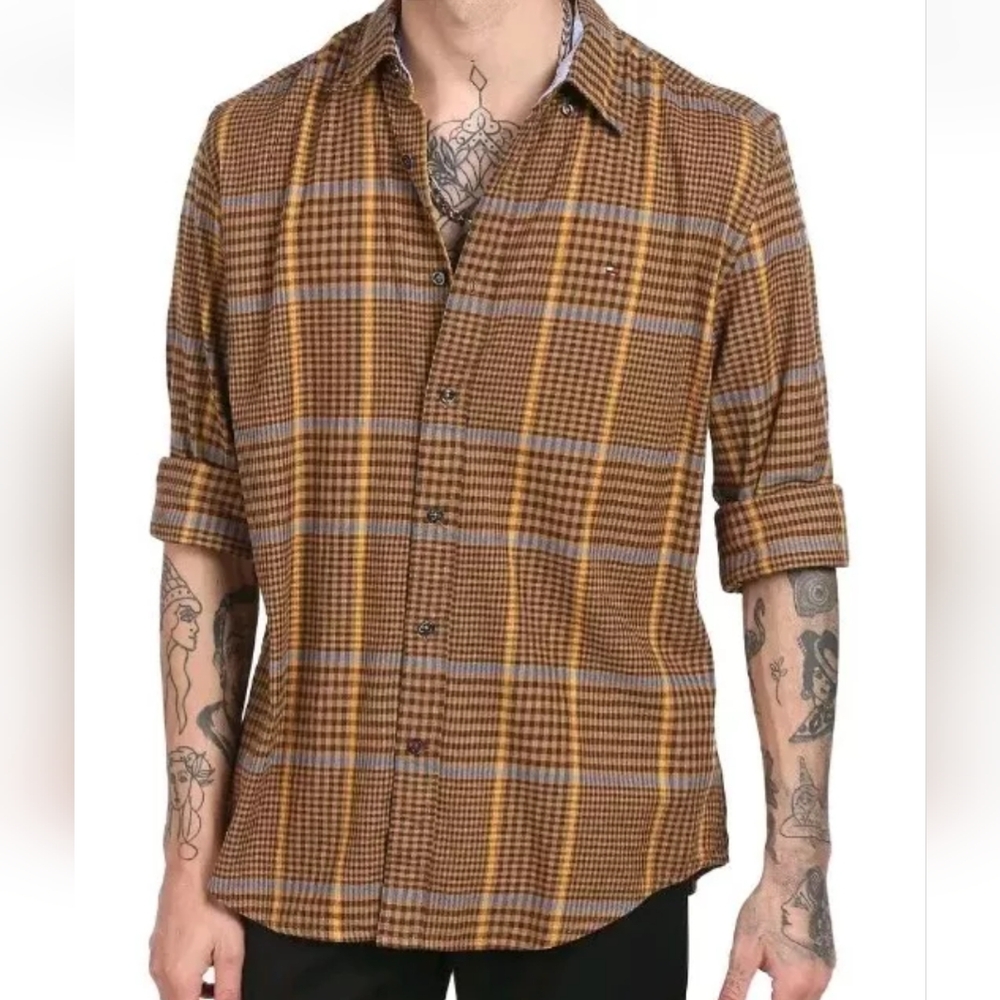 Tommy Hilfiger Blakely Shirt Preppy Hipster Academia Brown Glen Plaid Large New